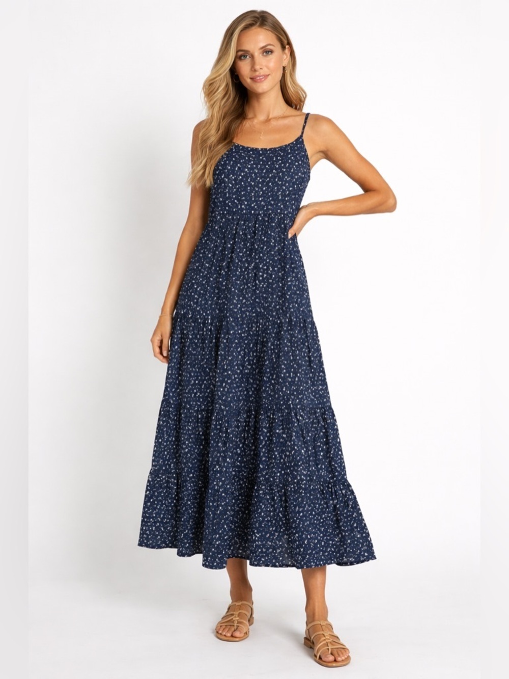 Beachlounge Navy Floral Tiered coastal feminine Maxi Dress Women's Size XS/TP